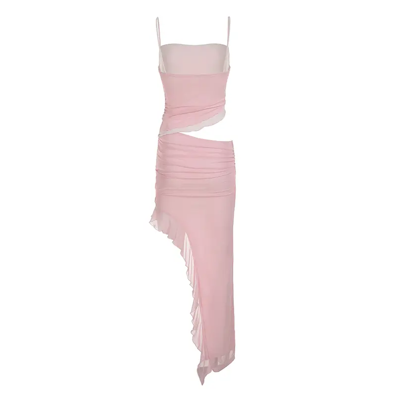 Rockmore Mesh Dress Women Asymmetric High Slit Ruffle Gown Chic Cutout Waist Long Dress Spaghetti Strap Bodycon Evening Gala