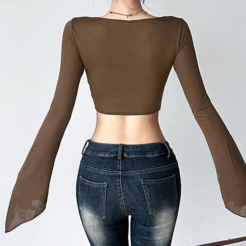 Rockmore Women's T Shirt Y2k Sexy Coquette Flare Sleeve Crop Tops Retro Female Drawstring Slim Tshirt Spring Irregular Solid Tee
