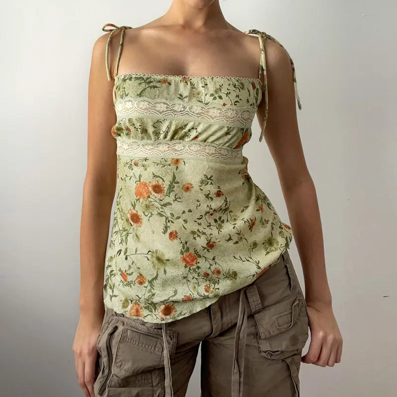 Y2K Floral Print Camisole Contrast Lace Patchwork Lace-Up Straps Top for Party Holiday Coquette Aesthetic Fairycore Grunge Style