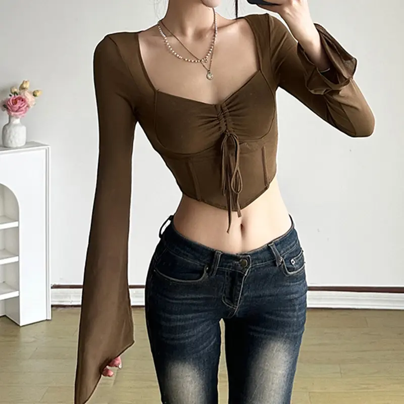 Rockmore Women's T Shirt Y2k Sexy Coquette Flare Sleeve Crop Tops Retro Female Drawstring Slim Tshirt Spring Irregular Solid Tee