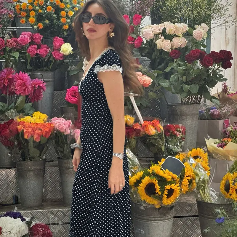 Rockmore Polka Dot Printing Dresses Elegant Women Lace Trim Puff Sleeves V Neck A-line Long Dress Summer Vacation Outfits