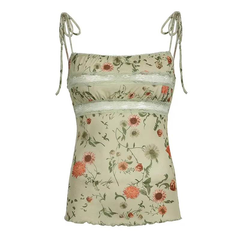 Y2K Floral Print Camisole Contrast Lace Patchwork Lace-Up Straps Top for Party Holiday Coquette Aesthetic Fairycore Grunge Style