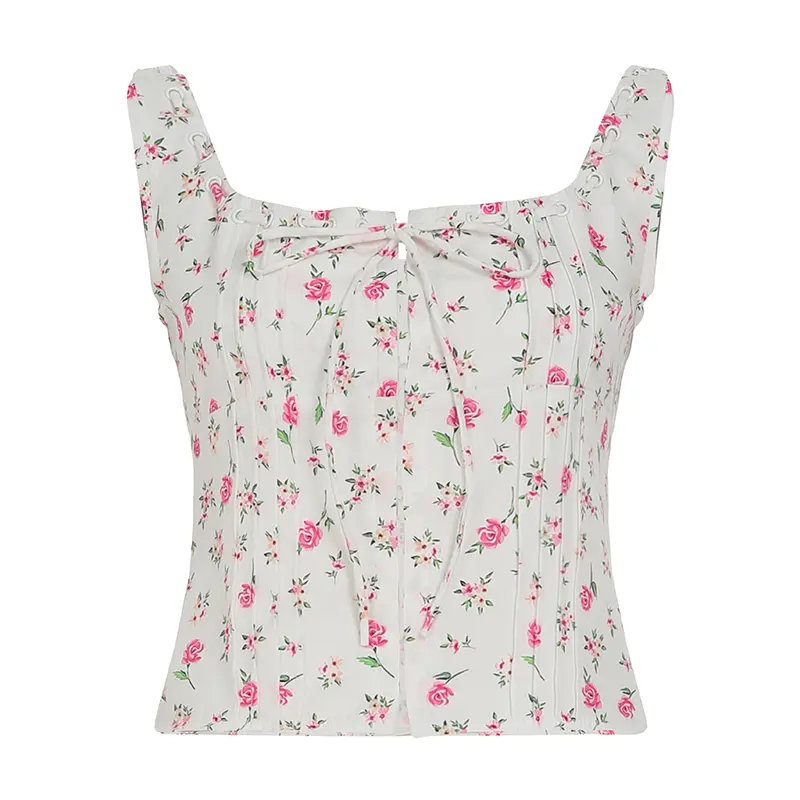 Rockmore Floral Print Camisole Accordion Pleated Hook-front Tie Tank Top Summer Holiday Crop Top Y2K Aesthetic Square Neck Vest
