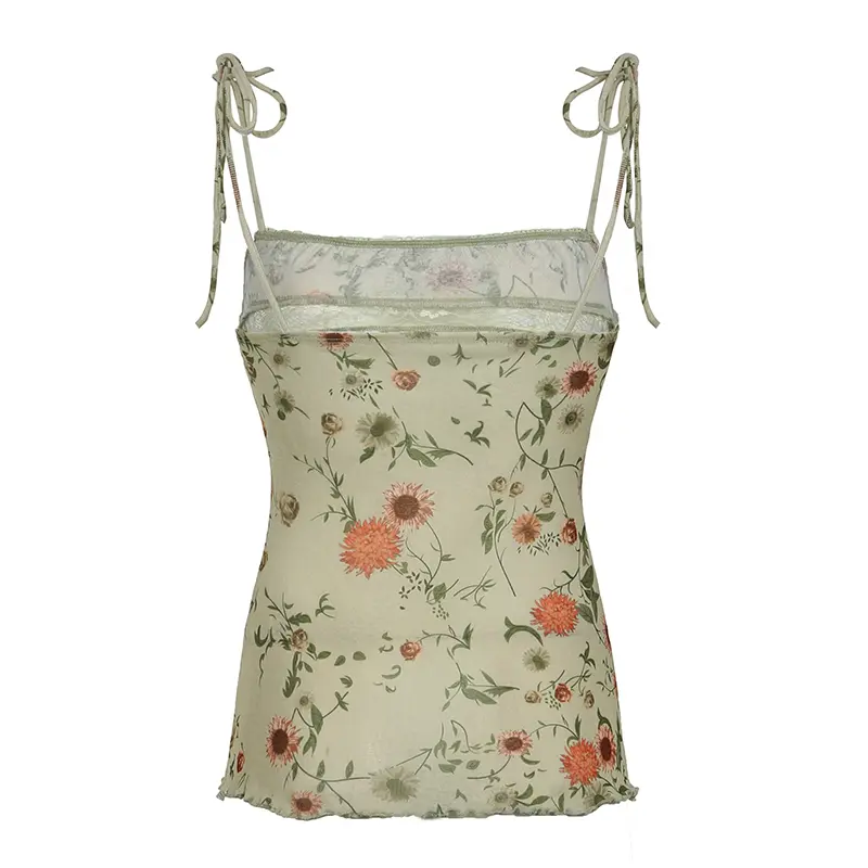 Y2K Floral Print Camisole Contrast Lace Patchwork Lace-Up Straps Top for Party Holiday Coquette Aesthetic Fairycore Grunge Style