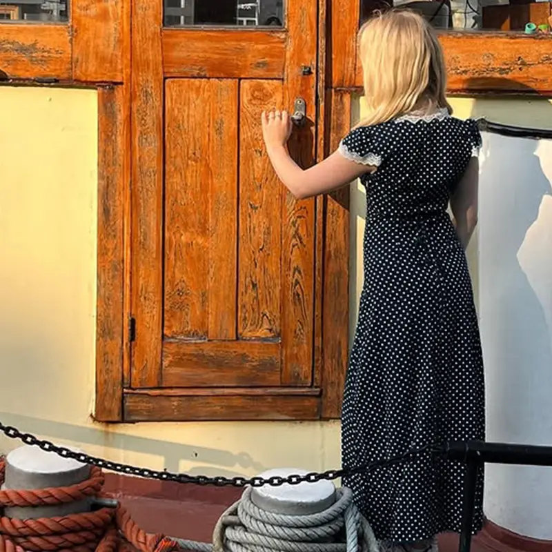 Rockmore Polka Dot Printing Dresses Elegant Women Lace Trim Puff Sleeves V Neck A-line Long Dress Summer Vacation Outfits