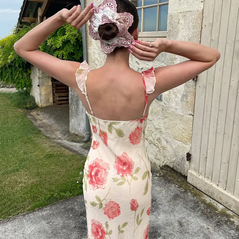 Rockmore French Flower Printing Dresses Elegant Women Ruffles Trim Sleeveless V Neck Backless Long Dress Summer Vacation Outfits