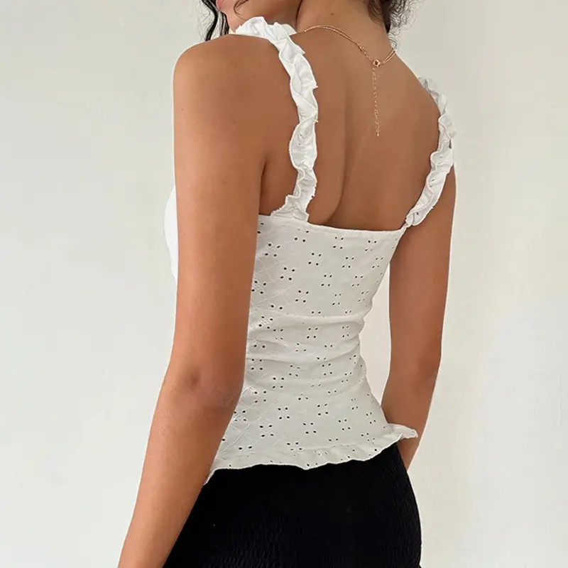 Rockmore Women Jacquard Cami French Style Kawaii Button Ruffles Hollow Out Crop Top Y2K Aesthetic White Slim Tank Top