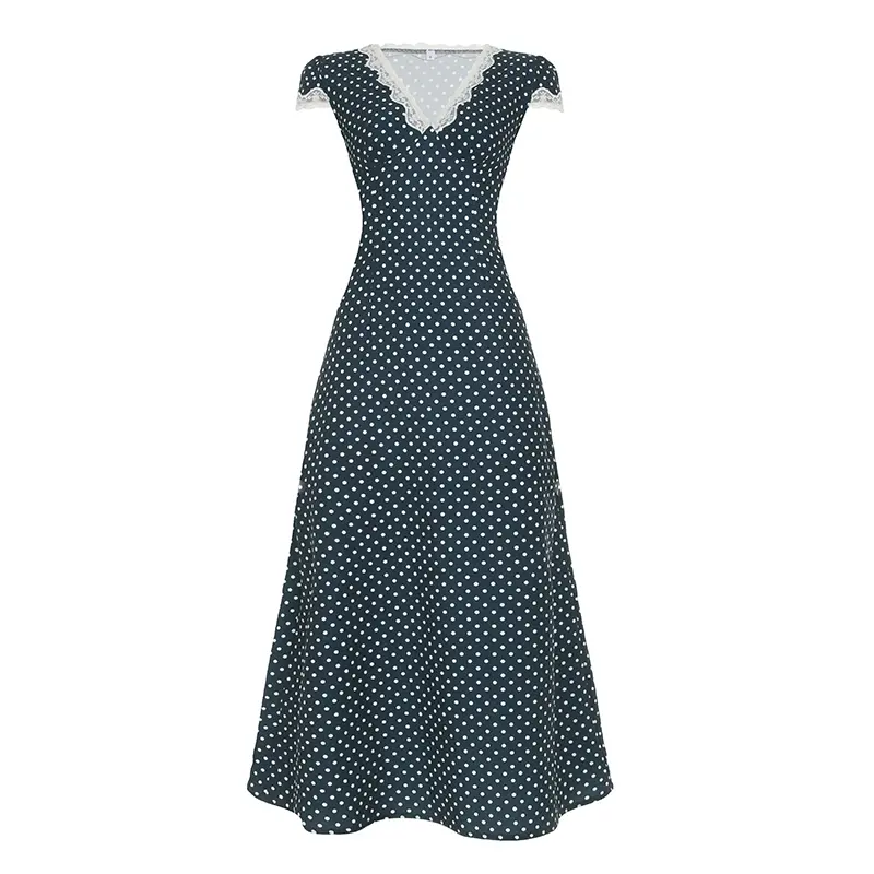 Rockmore Polka Dot Printing Dresses Elegant Women Lace Trim Puff Sleeves V Neck A-line Long Dress Summer Vacation Outfits