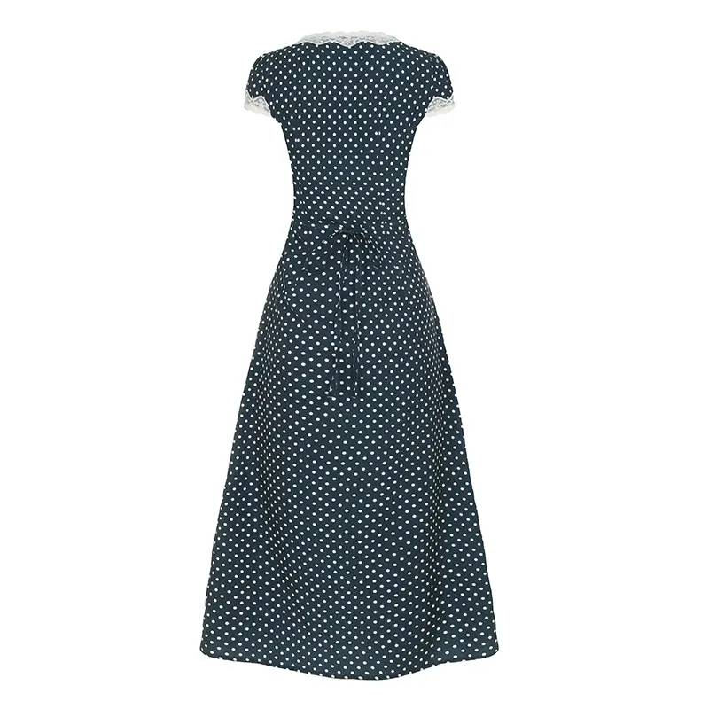 Rockmore Polka Dot Printing Dresses Elegant Women Lace Trim Puff Sleeves V Neck A-line Long Dress Summer Vacation Outfits