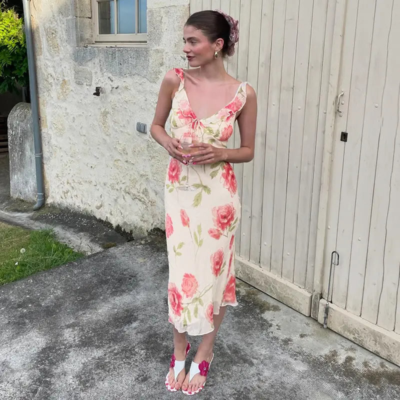 Rockmore French Flower Printing Dresses Elegant Women Ruffles Trim Sleeveless V Neck Backless Long Dress Summer Vacation Outfits