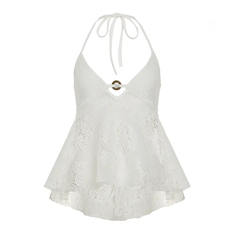 Rockmore Women Lace See-through Halter Neck Camisole Ring Design V-neck Backless Crop Top Summer Beach Vacation Mini Vest New