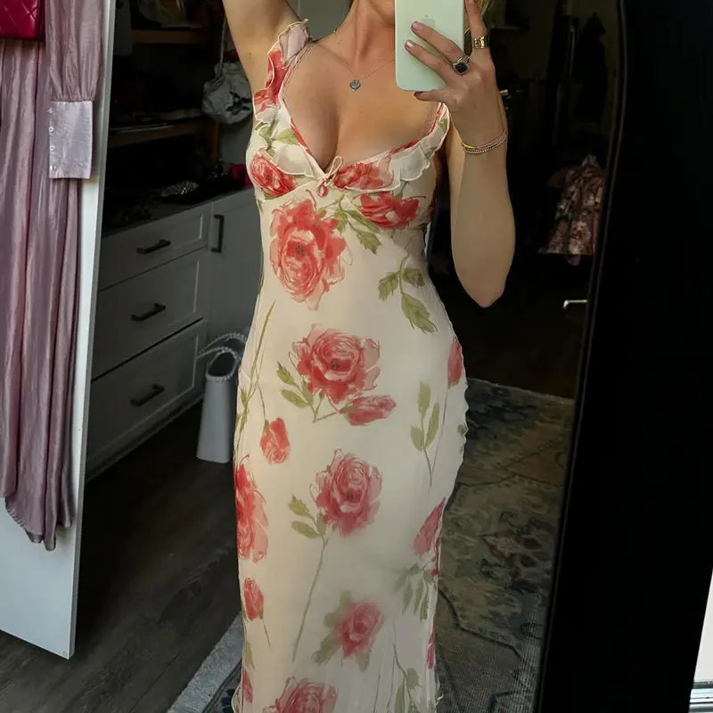 Rockmore French Flower Printing Dresses Elegant Women Ruffles Trim Sleeveless V Neck Backless Long Dress Summer Vacation Outfits