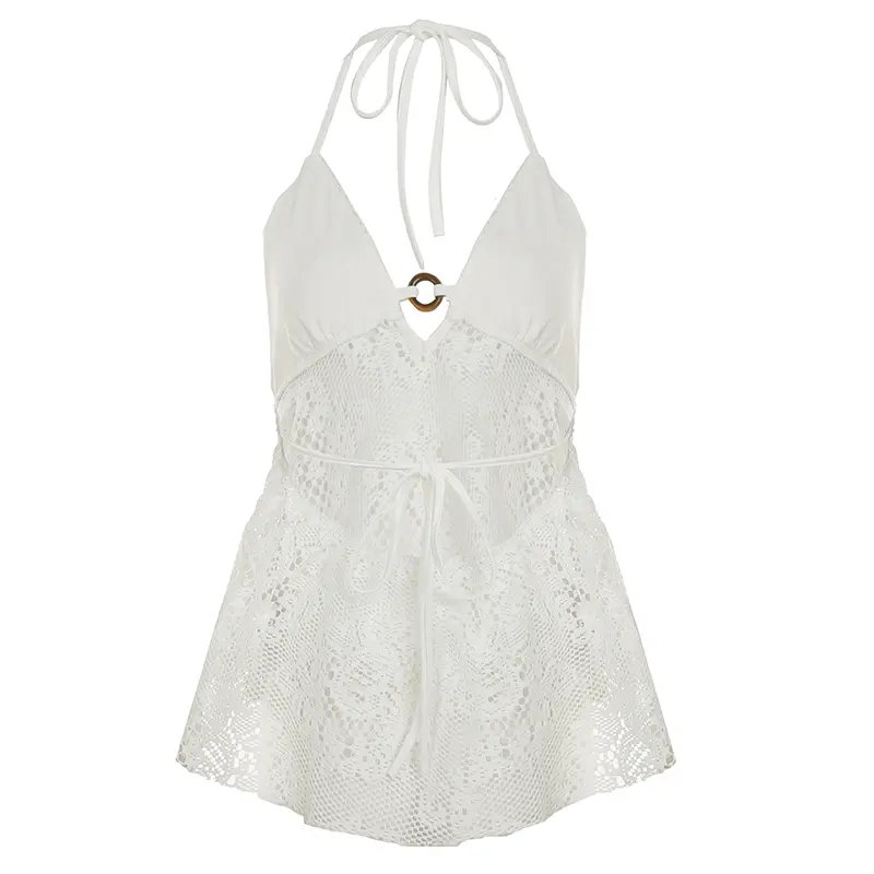 Rockmore Women Lace See-through Halter Neck Camisole Ring Design V-neck Backless Crop Top Summer Beach Vacation Mini Vest New