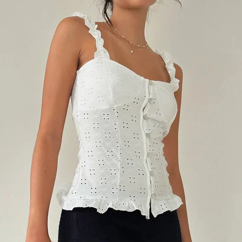 Rockmore Women Jacquard Cami French Style Kawaii Button Ruffles Hollow Out Crop Top Y2K Aesthetic White Slim Tank Top