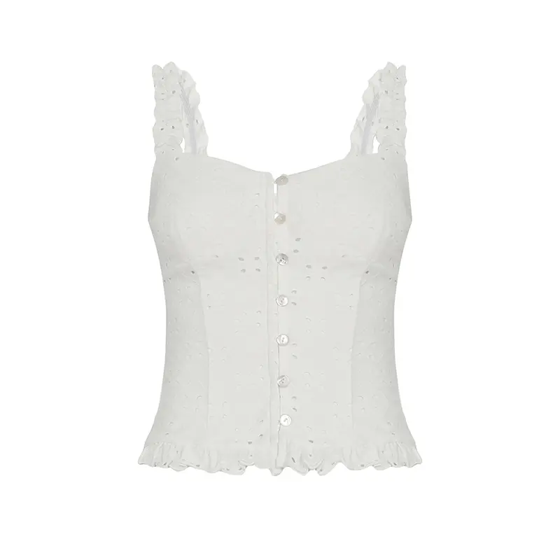 Rockmore Women Jacquard Cami French Style Kawaii Button Ruffles Hollow Out Crop Top Y2K Aesthetic White Slim Tank Top
