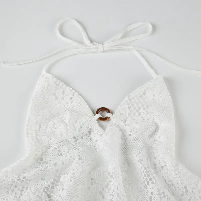 Rockmore Women Lace See-through Halter Neck Camisole Ring Design V-neck Backless Crop Top Summer Beach Vacation Mini Vest New