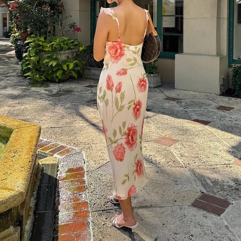 Rockmore French Flower Printing Dresses Elegant Women Ruffles Trim Sleeveless V Neck Backless Long Dress Summer Vacation Outfits