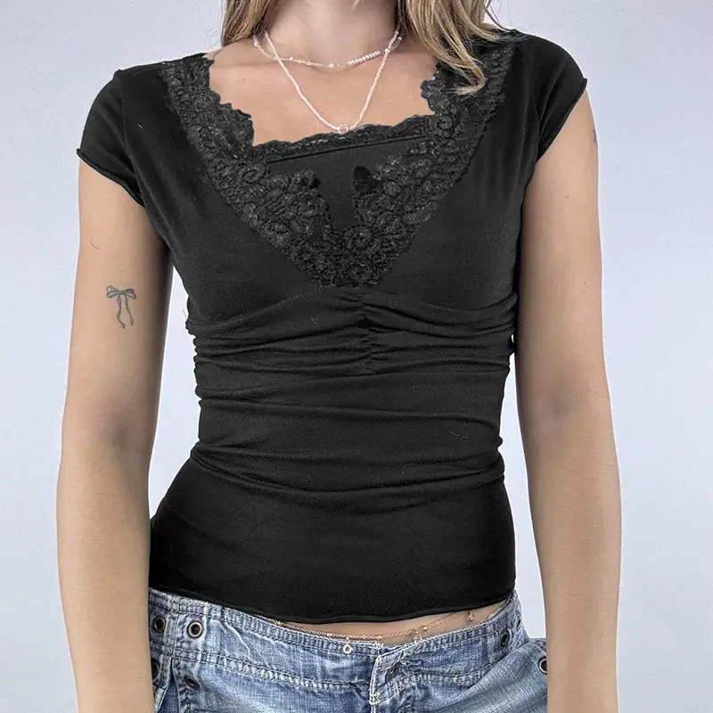 Rockmore Lace Frill Patchwork Slim Women Tops Summer Casual Basic Short Sleeve T-shirt y2k Aesthetic Grunge Fairycore Clothes