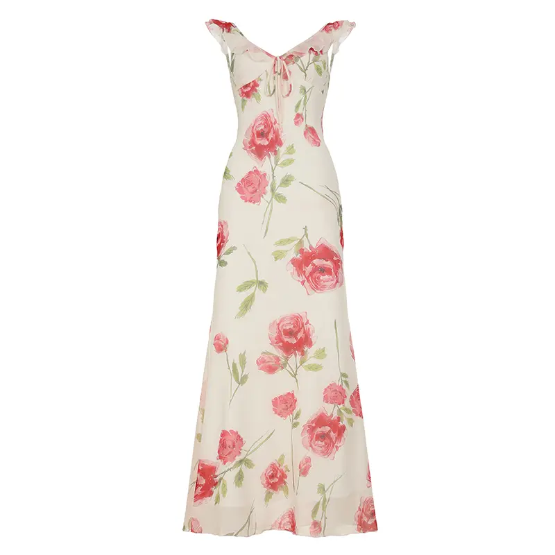 Rockmore French Flower Printing Dresses Elegant Women Ruffles Trim Sleeveless V Neck Backless Long Dress Summer Vacation Outfits