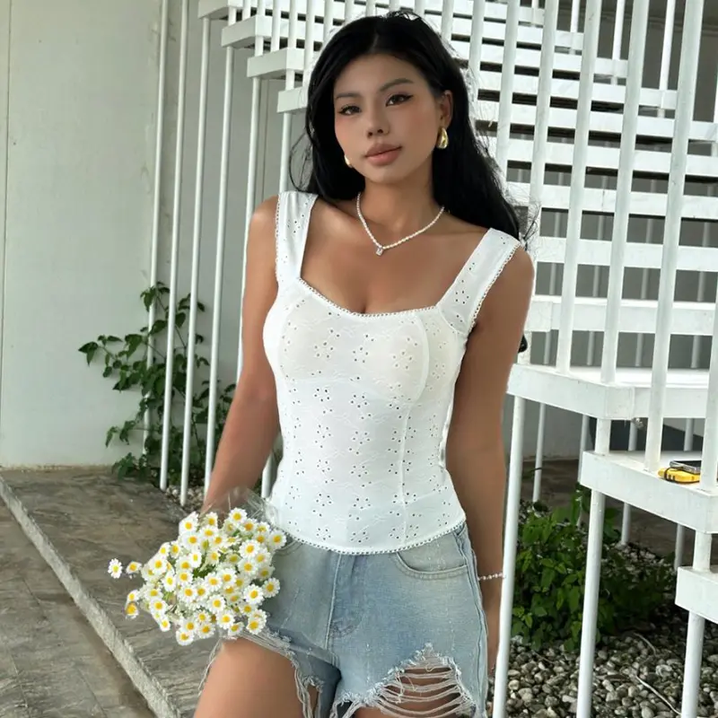 Rockmore Jacquard Cutout Women's Camisole French Milkmaid Corset Summer Y2K Coquette Slim Crop Top Elegant Casual Tanks