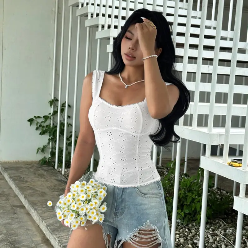 Rockmore Jacquard Cutout Women's Camisole French Milkmaid Corset Summer Y2K Coquette Slim Crop Top Elegant Casual Tanks