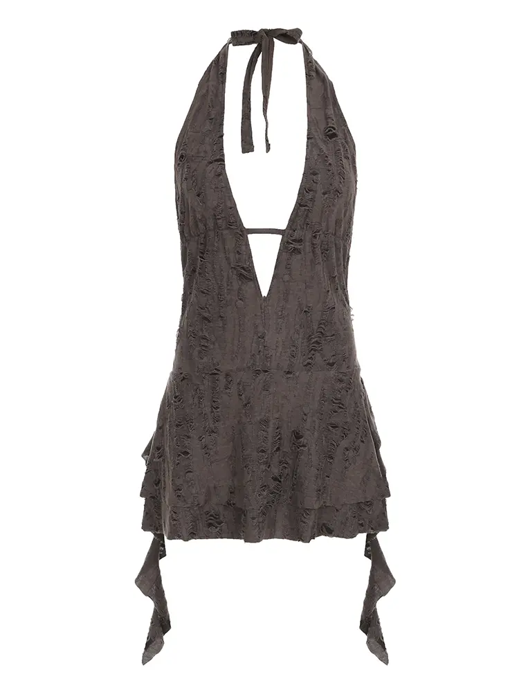 Rockmore Women's Backless Halter Dress, Irregular Sleeveless Dress for Party Club Dating Wear, Ladies Summer Grunge Fairycore