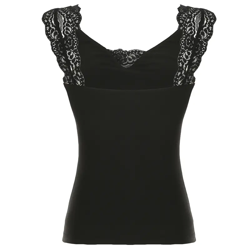 Rockmore Lace V Neck Women's Tank Tops Y2k Coquette Aesthetic Backless Black Slim Off Shoulder Tops Summer Camisole