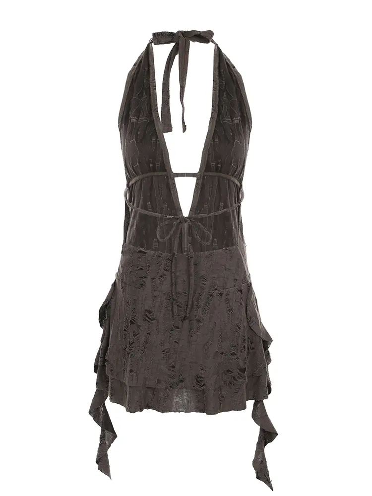 Rockmore Women's Backless Halter Dress, Irregular Sleeveless Dress for Party Club Dating Wear, Ladies Summer Grunge Fairycore