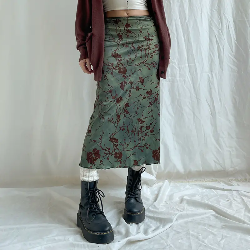 Rockmore Green Floral Printed Midi Skirt Fairycore Grunge Y2K Aesthetics Vintage Low Waist Women's Harajuku Outfit Clothing