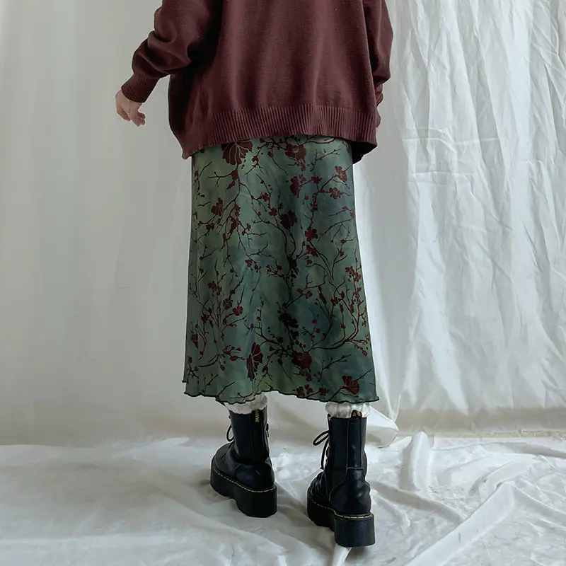 Rockmore Green Floral Printed Midi Skirt Fairycore Grunge Y2K Aesthetics Vintage Low Waist Women's Harajuku Outfit Clothing
