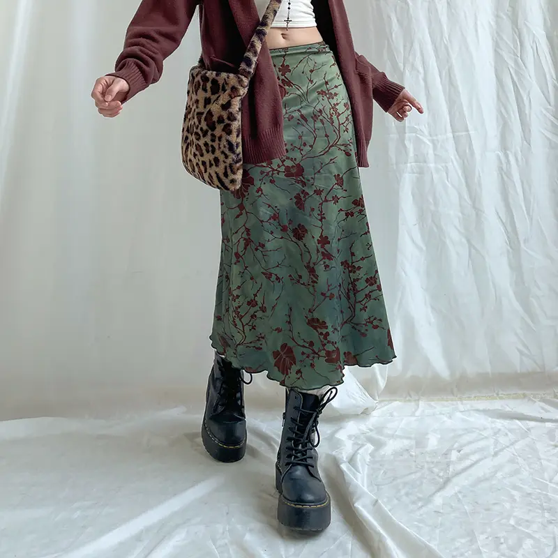 Rockmore Green Floral Printed Midi Skirt Fairycore Grunge Y2K Aesthetics Vintage Low Waist Women's Harajuku Outfit Clothing