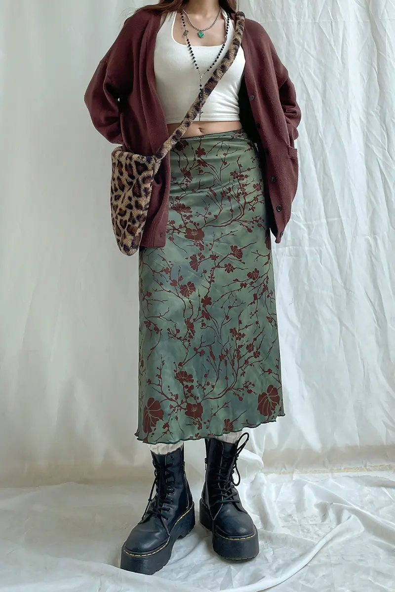 Rockmore Green Floral Printed Midi Skirt Fairycore Grunge Y2K Aesthetics Vintage Low Waist Women's Harajuku Outfit Clothing