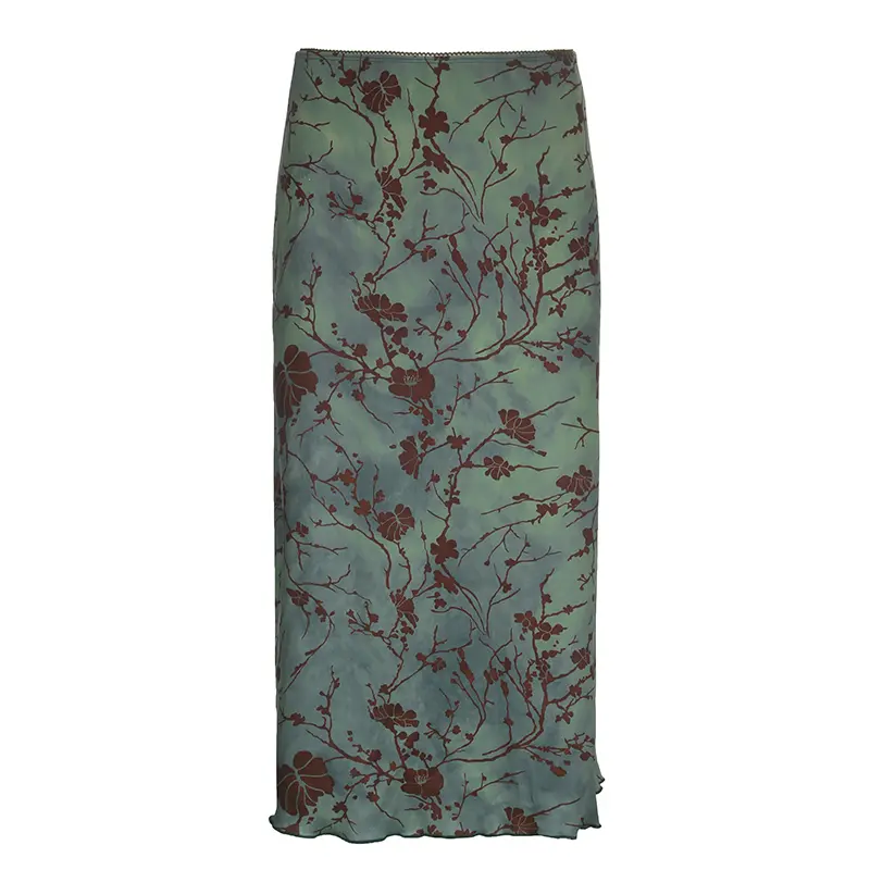 Rockmore Green Floral Printed Midi Skirt Fairycore Grunge Y2K Aesthetics Vintage Low Waist Women's Harajuku Outfit Clothing