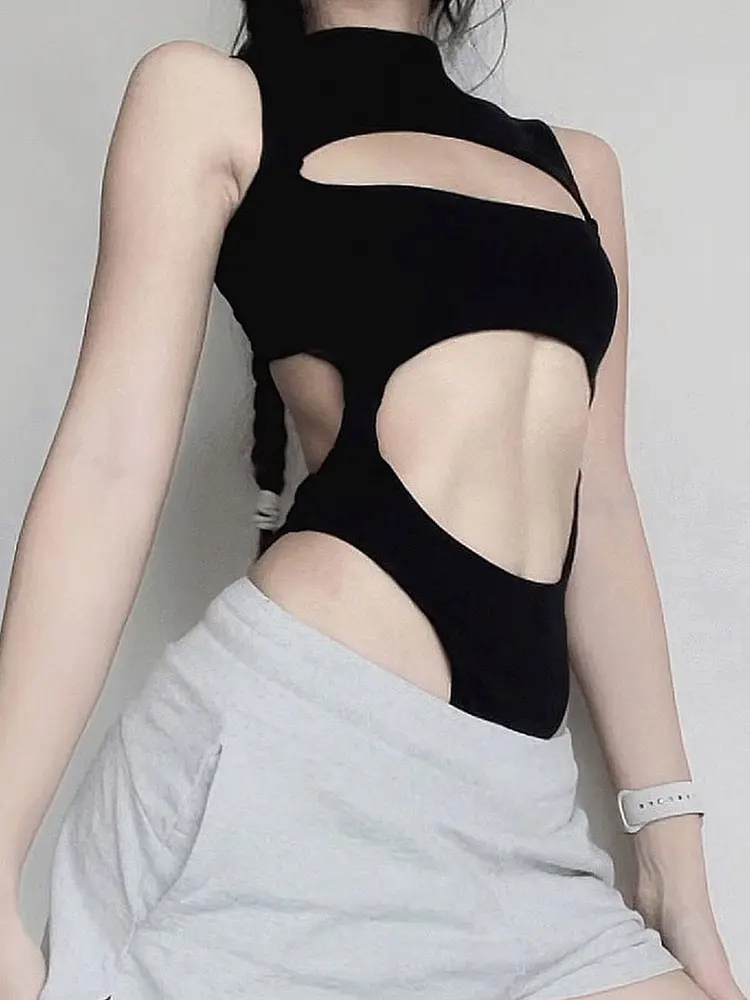 Rockmore Hollow Out Bodysuit Rave Clubwear Lingerie Enchanting Sexy Body Overalls Tops Women Streetwear Backless Jumpsuit Black