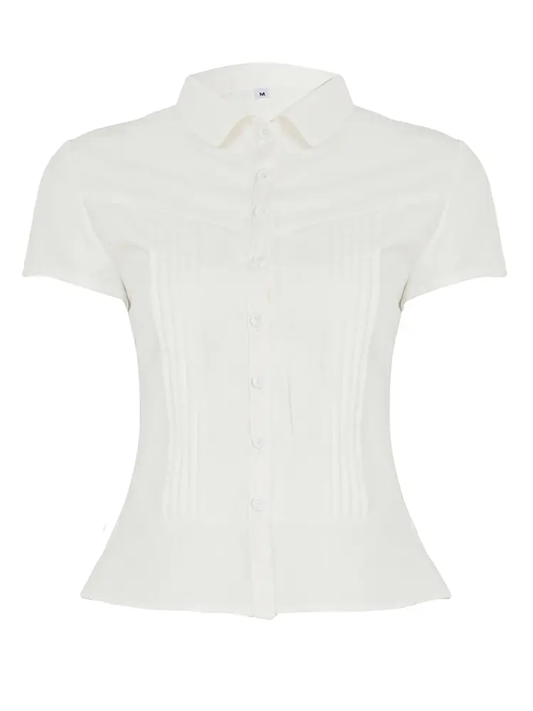Rockmoer Pink / White Slim Blouse Shirts Summer Women Turn Down Collar Short Sleeve Folds Button Solid Cropped Tops y2k coquette