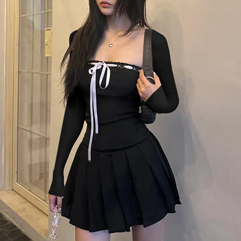 Rockmore Black Lace Up Square Collar Dresses Fashion Women Balletcore Aesthetic Bodycon Long Sleeve Mini Dress Korean Style