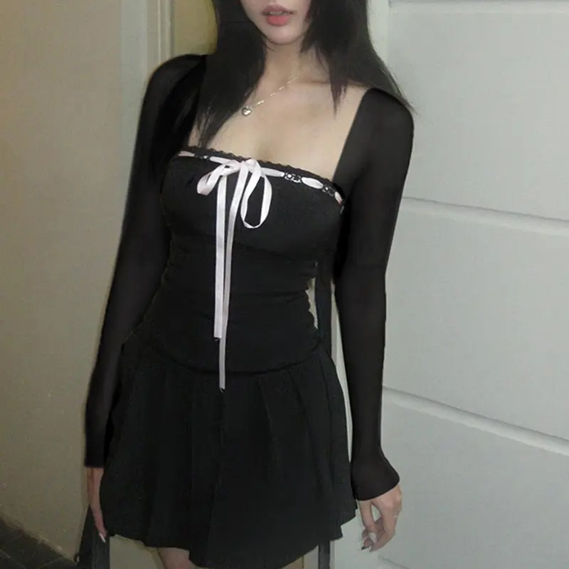 Rockmore Black Lace Up Square Collar Dresses Fashion Women Balletcore Aesthetic Bodycon Long Sleeve Mini Dress Korean Style