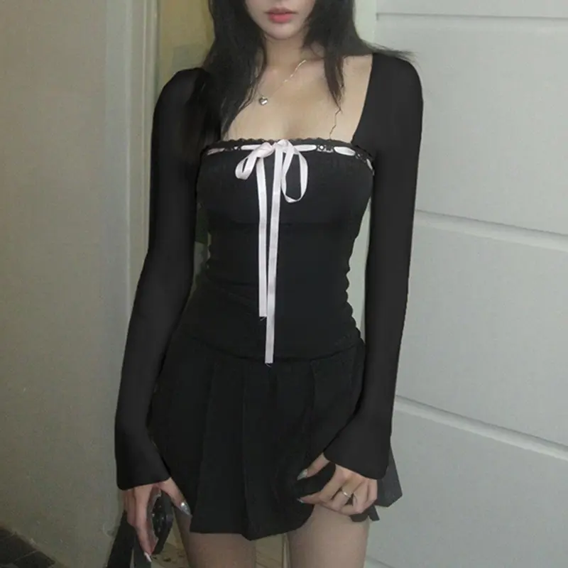 Rockmore Black Lace Up Square Collar Dresses Fashion Women Balletcore Aesthetic Bodycon Long Sleeve Mini Dress Korean Style
