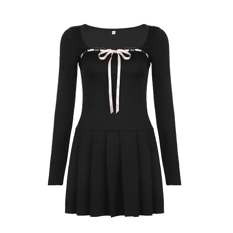 Rockmore Black Lace Up Square Collar Dresses Fashion Women Balletcore Aesthetic Bodycon Long Sleeve Mini Dress Korean Style