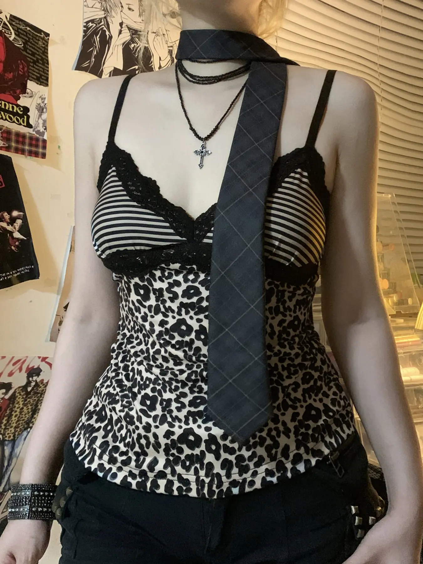 Rockmore Leopard Print Camisole Coquette Lace Frill V-neck Crop Top for Women Sexy Backless Y2K Vintage Stripe Patchwork Vest
