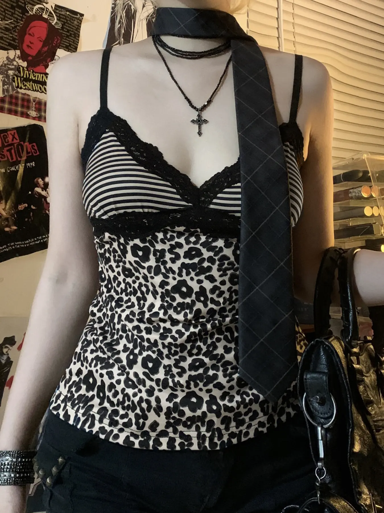 Rockmore Leopard Print Camisole Coquette Lace Frill V-neck Crop Top for Women Sexy Backless Y2K Vintage Stripe Patchwork Vest