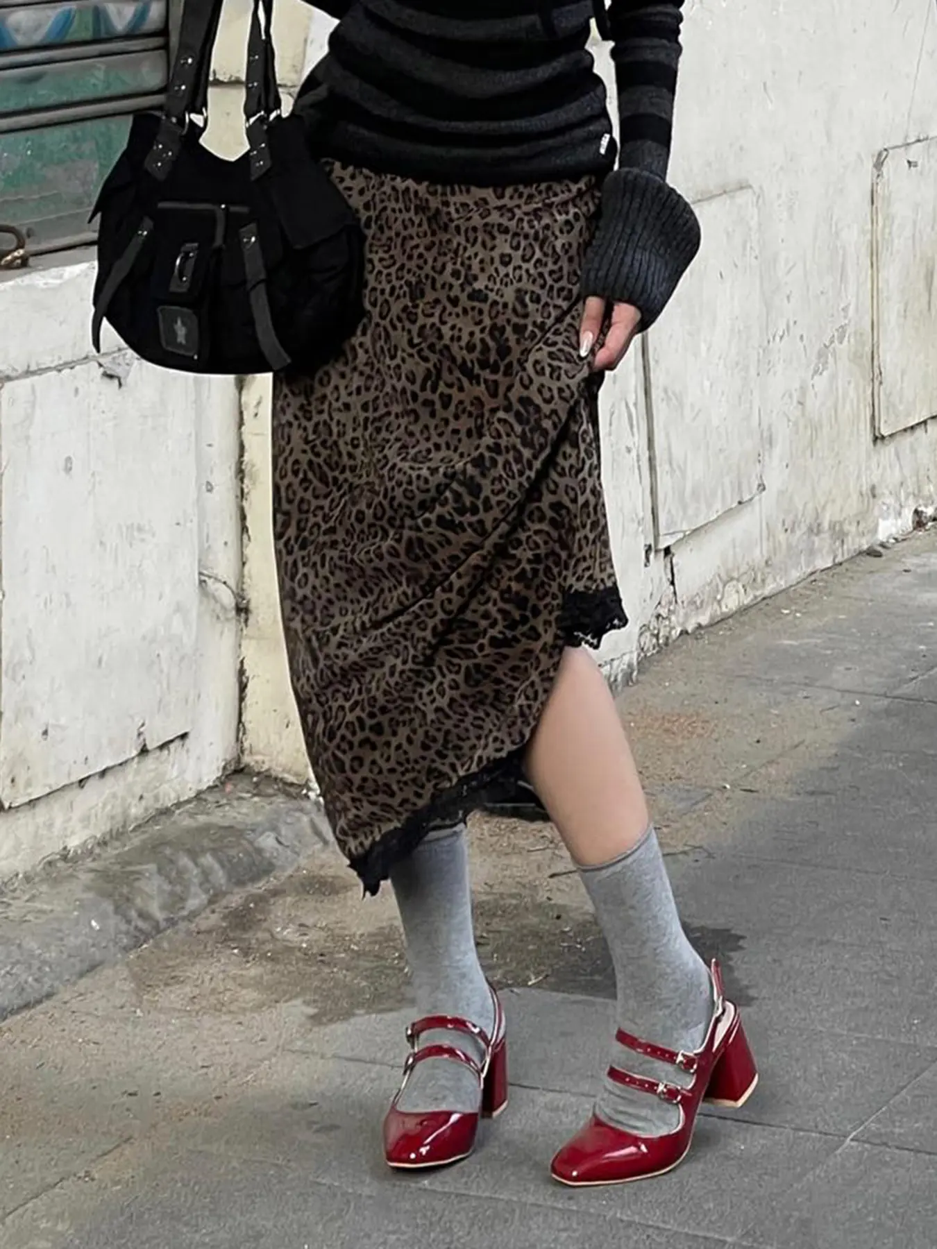 Rockmore Gothic Leopard Print Patchwork Lace Long Skirts Vintage Streetwear Y2K Straight Skirts Lady Harajuku Fashion Aesthetic