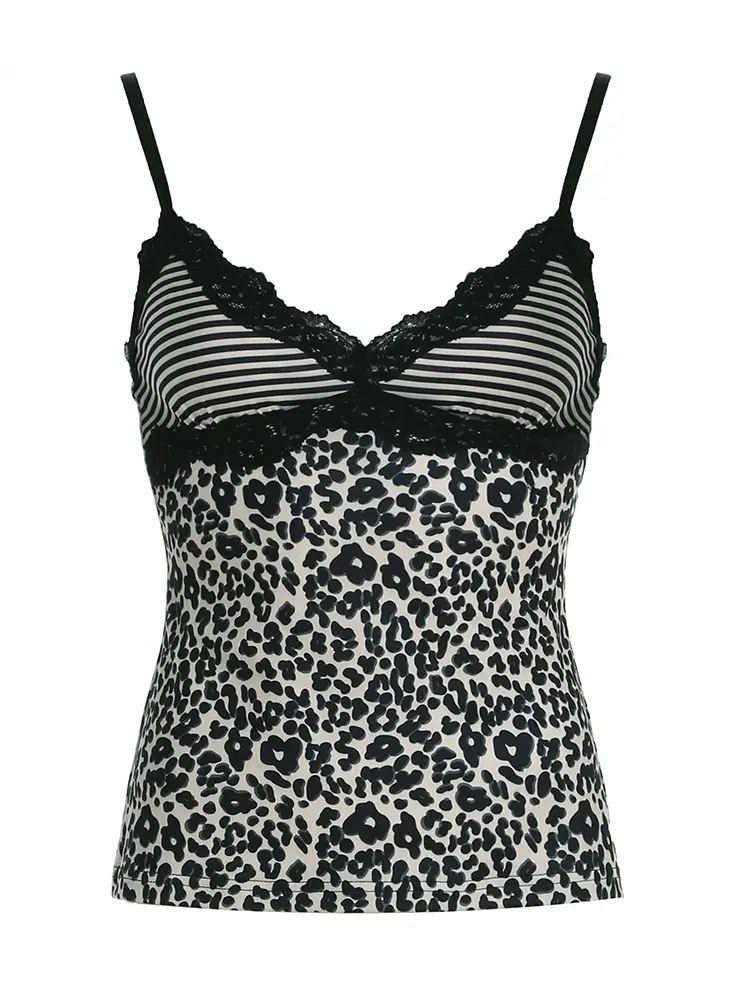 Rockmore Leopard Print Camisole Coquette Lace Frill V-neck Crop Top for Women Sexy Backless Y2K Vintage Stripe Patchwork Vest