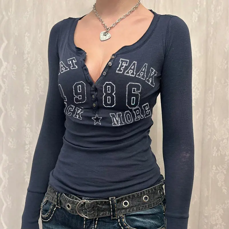 Rockmore Blue Print T Shirt Streetwear Y2K Aesthetic Long Sleeve Slim Top Women Buttons Basic Tee Casual Korean Grunge Fairycore