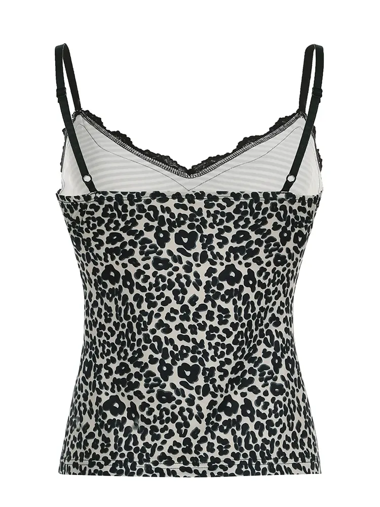 Rockmore Leopard Print Camisole Coquette Lace Frill V-neck Crop Top for Women Sexy Backless Y2K Vintage Stripe Patchwork Vest