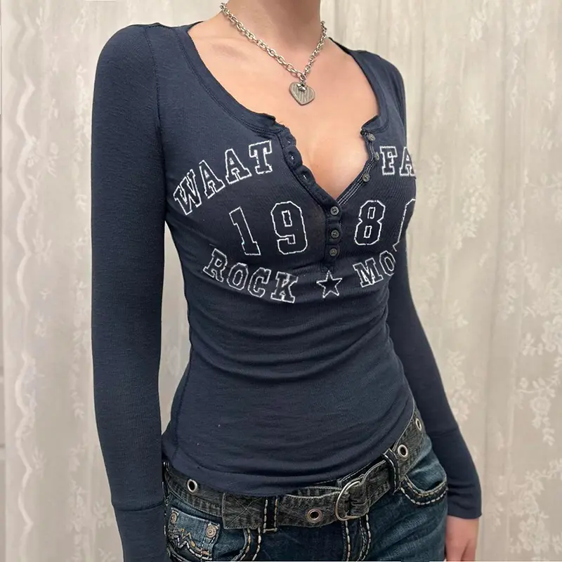 Rockmore Blue Print T Shirt Streetwear Y2K Aesthetic Long Sleeve Slim Top Women Buttons Basic Tee Casual Korean Grunge Fairycore