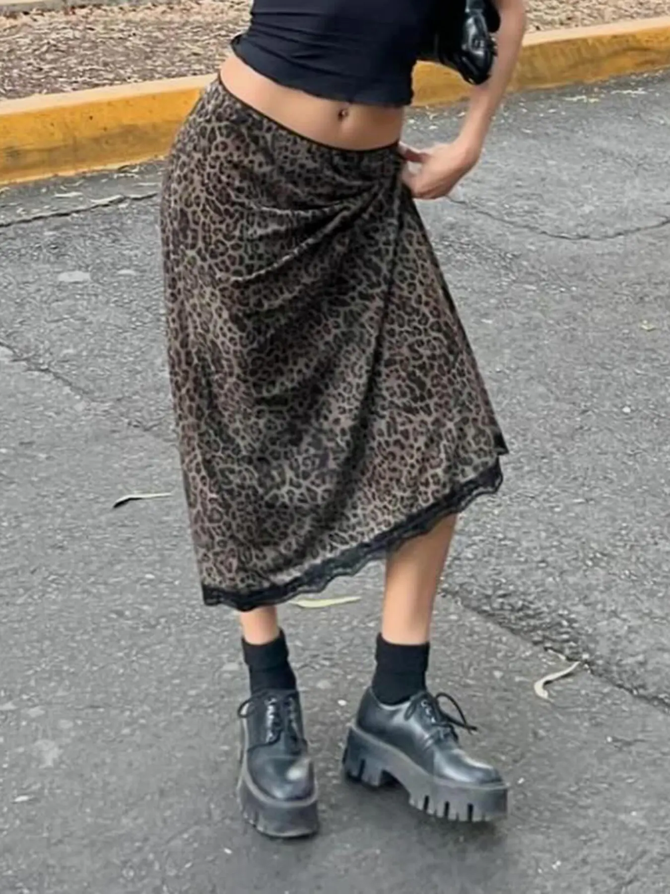 Rockmore Gothic Leopard Print Patchwork Lace Long Skirts Vintage Streetwear Y2K Straight Skirts Lady Harajuku Fashion Aesthetic
