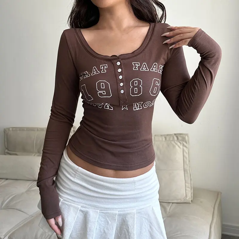 Rockmore Blue Print T Shirt Streetwear Y2K Aesthetic Long Sleeve Slim Top Women Buttons Basic Tee Casual Korean Grunge Fairycore