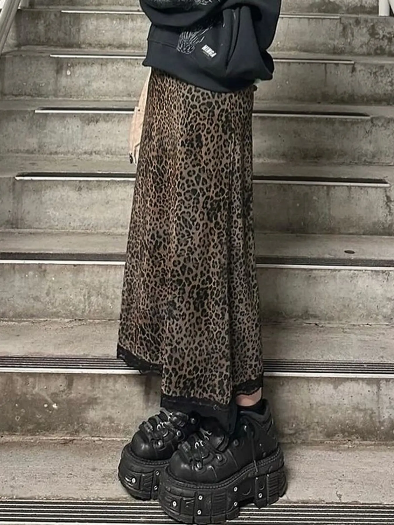 Rockmore Gothic Leopard Print Patchwork Lace Long Skirts Vintage Streetwear Y2K Straight Skirts Lady Harajuku Fashion Aesthetic