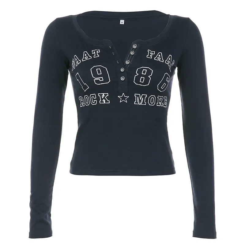 Rockmore Blue Print T Shirt Streetwear Y2K Aesthetic Long Sleeve Slim Top Women Buttons Basic Tee Casual Korean Grunge Fairycore